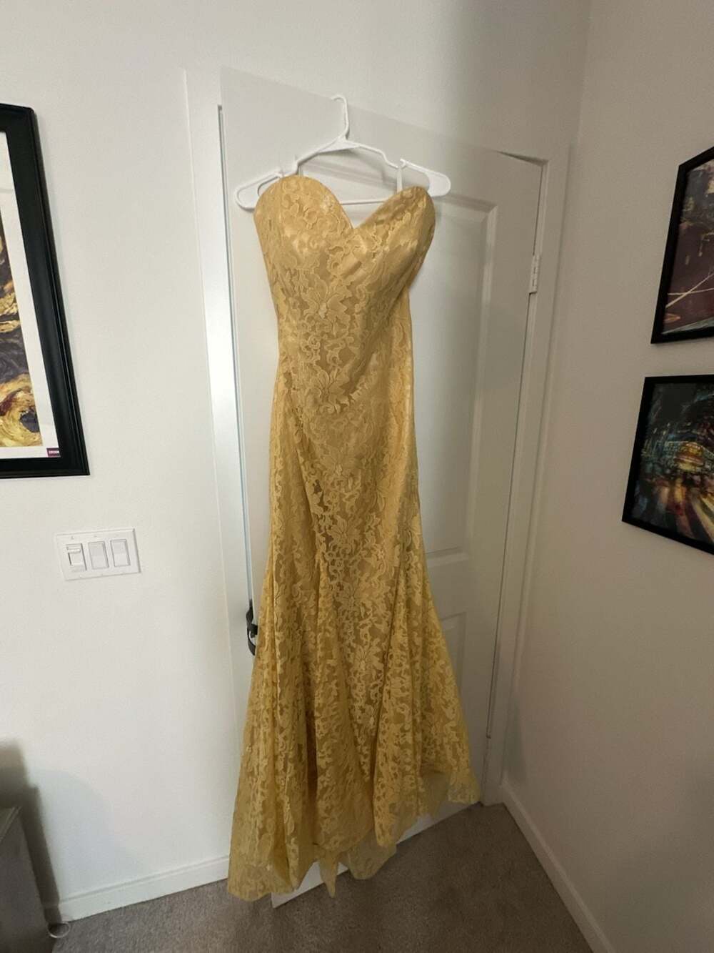 Strapless Yellow Lace Mermaid Formal Evening Gown
